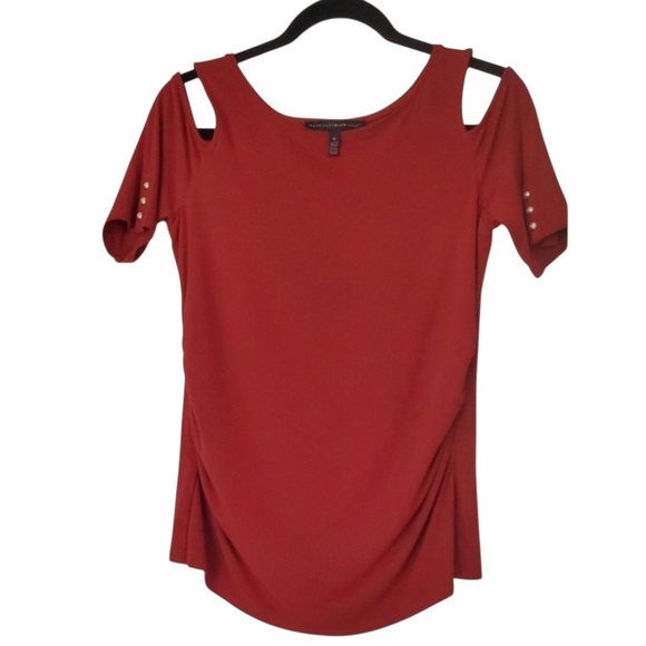 White House Black Market Burgundy Ruched Short Sleeve Cold Shoulder Top Size M - Picture 1 of 7